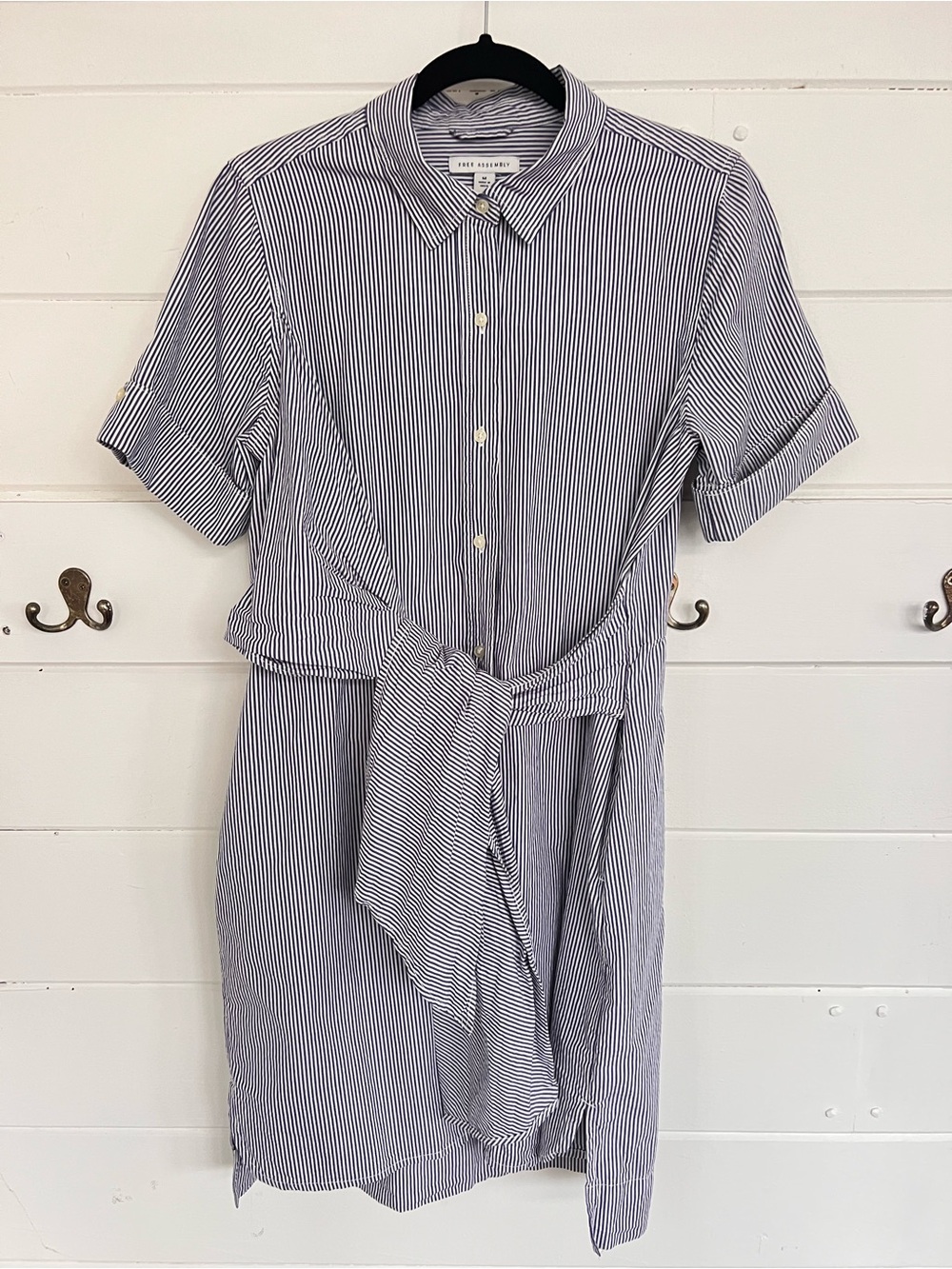 Free Assembly Collared Blue and White Strip Wrap Sash Dress. Size M.